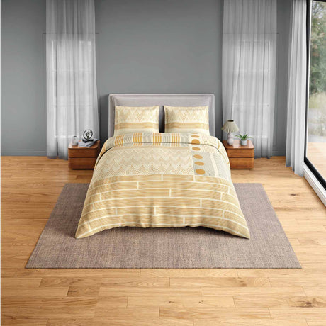 Spaces Neo Chaap 100% Cotton 152 TC Percale Geometric Large Bedsheet with 2 Pillow Covers - 274 x 274 cm, Yellow