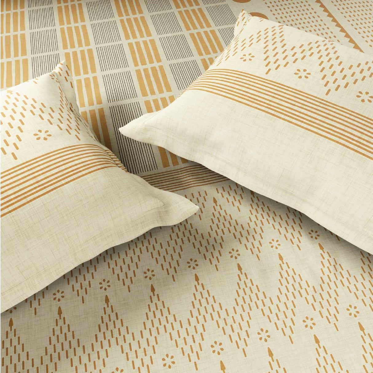 Spaces Neo Chaap 100% Cotton 152 TC Percale Geometric Large Bedsheet with 2 Pillow Covers - 274 x 274 cm, Yellow