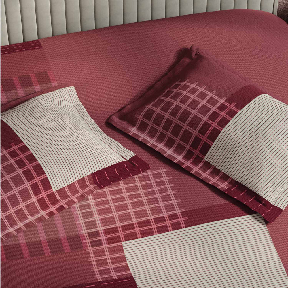 Spaces Avaris Structure Geometric 100% Cotton 210 TC Double Bedsheet with 2 Pillow Covers - 274 x 274 cm, Maroon
