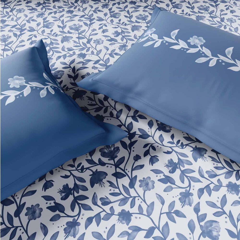 Spaces Rio Bloomscape 100% Cotton 132 TC Percale Fioral Double Bedsheet with 2 Pillow Covers - 228 x 274 cm, Blue