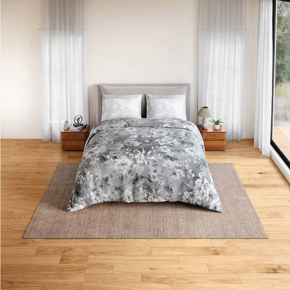 Spaces Rio Bloomscape 100% Cotton 132 TC Percale Fioral Double Bedsheet with 2 Pillow Covers - 228 x 274 cm, Grey