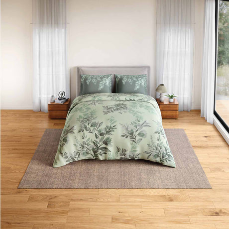 Spaces Rio Bloomscape 100% Cotton 132 TC Percale Fioral Double Bedsheet with 2 Pillow Covers - 228 x 274 cm, Light Green