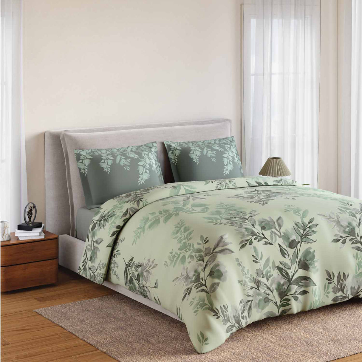 Spaces Rio Bloomscape 100% Cotton 132 TC Percale Fioral Double Bedsheet with 2 Pillow Covers - 228 x 274 cm, Light Green
