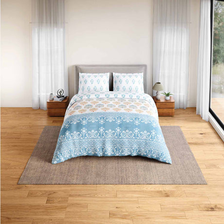 Spaces Rio Summer Carvan 100% Cotton 132 TC Percale Ornate Double Bedsheet with 2 Pillow Covers - 228 x 274 cm, Cream