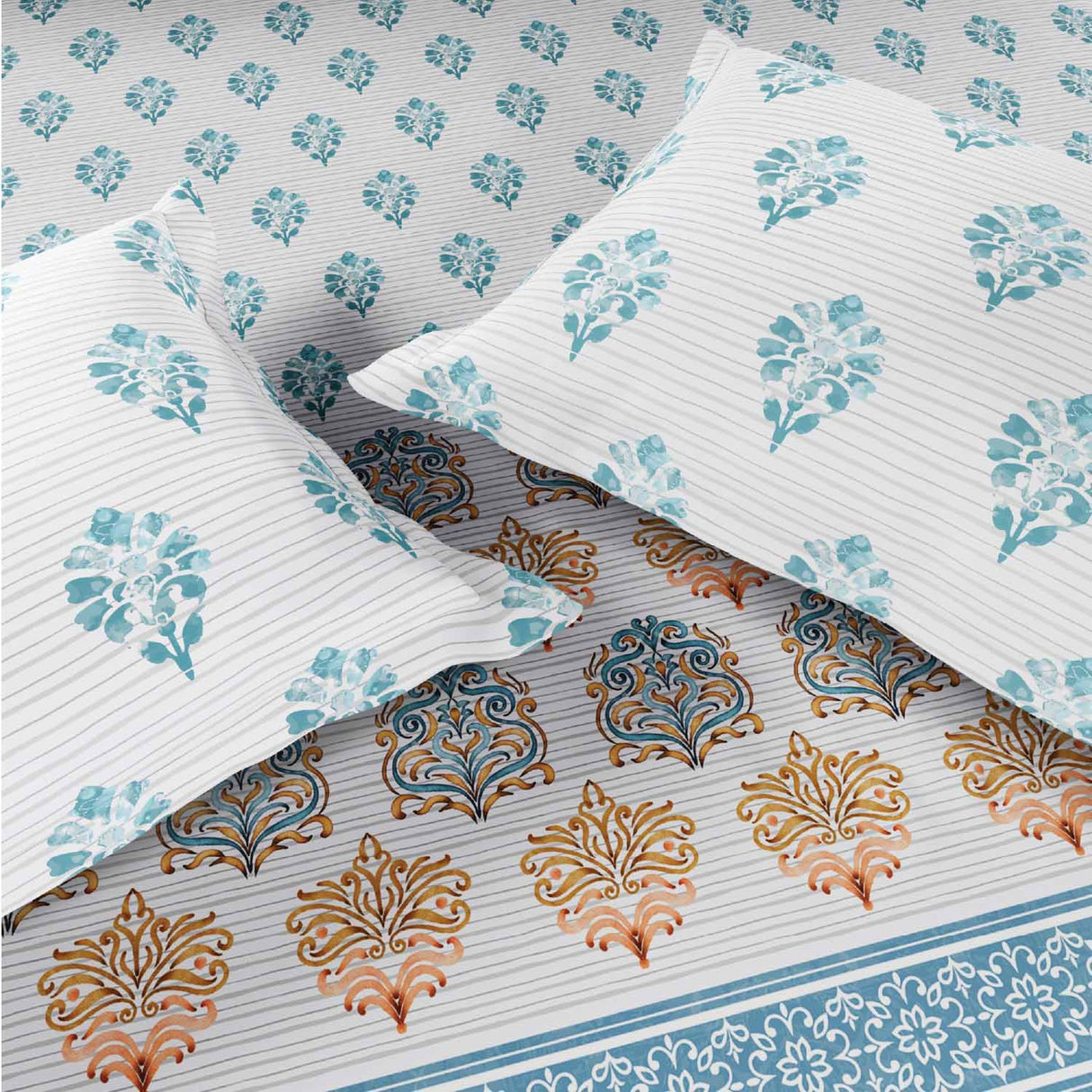 Spaces Rio Summer Carvan 100% Cotton 132 TC Percale Ornate Double Bedsheet with 2 Pillow Covers - 228 x 274 cm, Cream