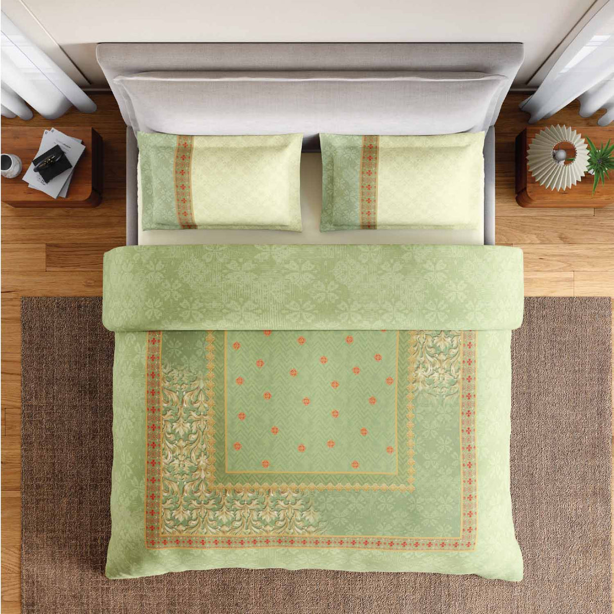 Spaces Rio Summer Carvan 100% Cotton 132 TC Percale Ornate Double Bedsheet with 2 Pillow Covers - 228 x 274 cm, Light Green