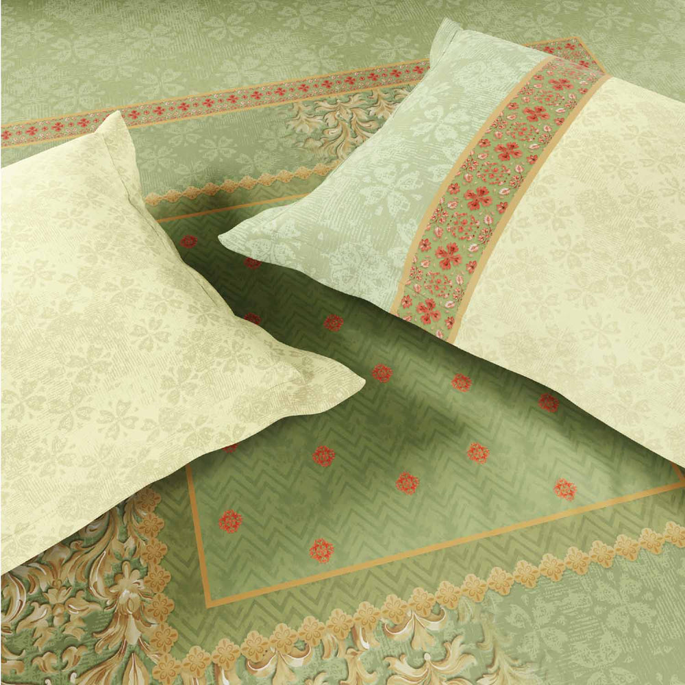 Spaces Rio Summer Carvan 100% Cotton 132 TC Percale Ornate Double Bedsheet with 2 Pillow Covers - 228 x 274 cm, Light Green