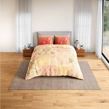 Spaces Rio Summer Carvan 100% Cotton 132 TC Percale Ornate Double Bedsheet with 2 Pillow Covers - 228 x 274 cm, Light Peach