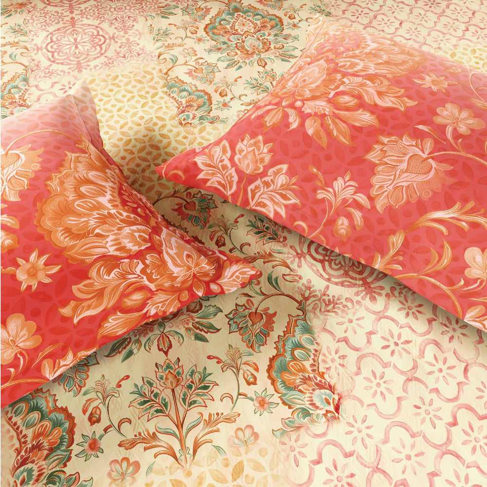 Spaces Rio Summer Carvan 100% Cotton 132 TC Percale Ornate Double Bedsheet with 2 Pillow Covers - 228 x 274 cm, Light Peach
