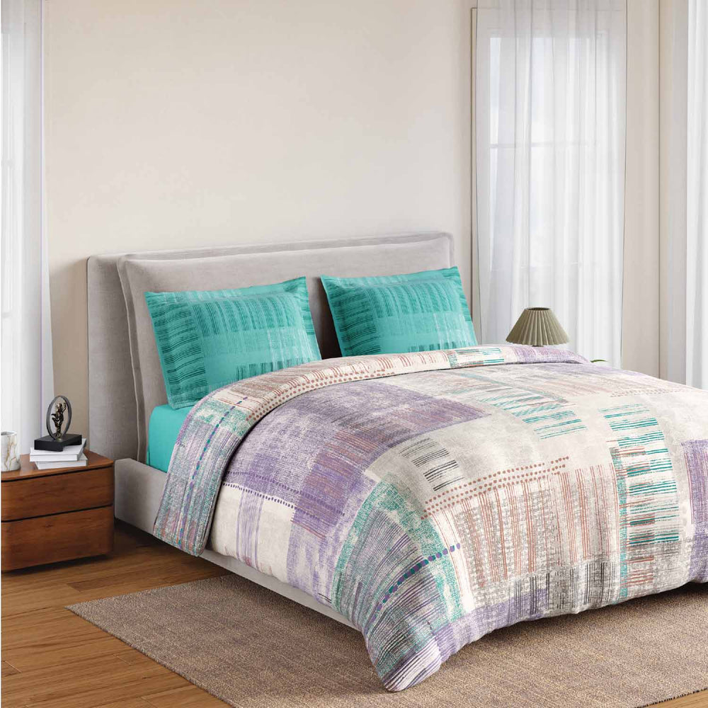 Spaces Rio Geoform 100% Cotton 132 TC Percale Geometric Double Bedsheet with 2 Pillow Covers - 228 x 274 cm, Violet