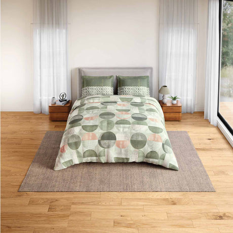 Spaces Rio Geoform 100% Cotton 132 TC Percale Geometric Double Bedsheet with 2 Pillow Covers - 228 x 274 cm, Dark Green