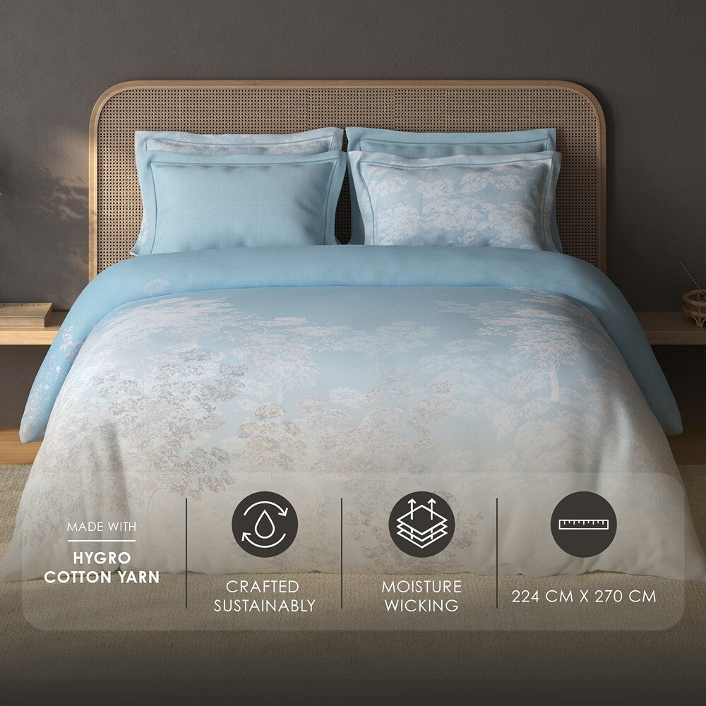 Spaces Sierra Floral 100% Hygro Cotton 210 TC Large Bedsheet with 4 Pillow Covers - 108 x 108 Inches, Light Blue