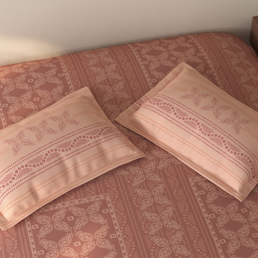 Spaces Rio 100% Cotton Ornate Double Bedsheet with 2 Pillow Covers - 90 x 108 Inches, Dark Blush