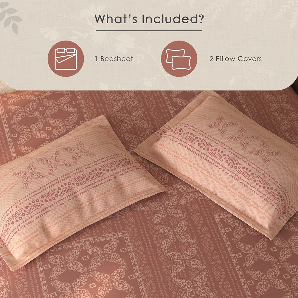 Spaces Rio 100% Cotton Ornate Double Bedsheet with 2 Pillow Covers - 90 x 108 Inches, Dark Blush
