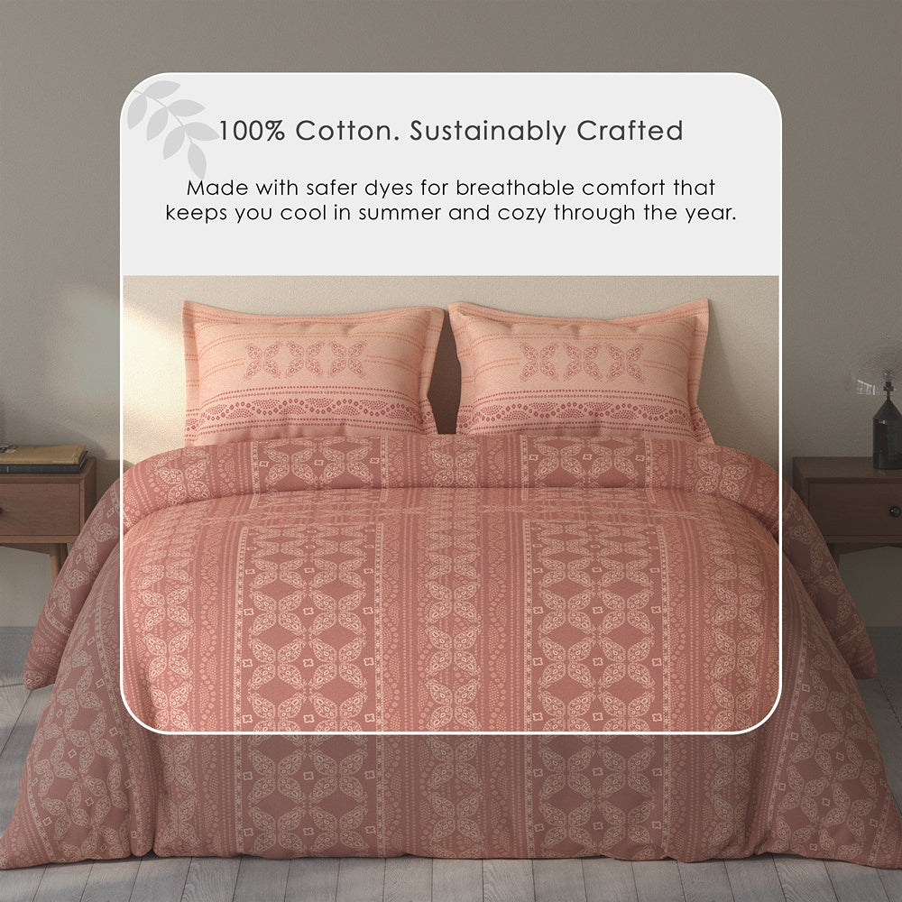 Spaces Rio 100% Cotton Ornate Double Bedsheet with 2 Pillow Covers - 90 x 108 Inches, Dark Blush