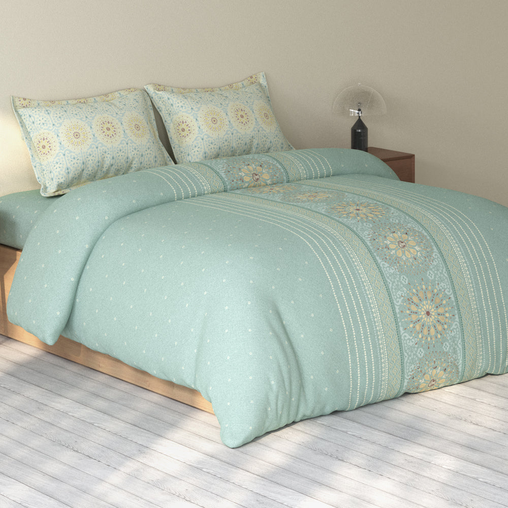 Spaces Rio 100% Cotton Ornate Double Bedsheet with 2 Pillow Covers - 90 x 108 Inches, Light Teal