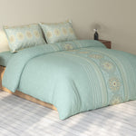 Spaces Rio 100% Cotton Ornate Double Bedsheet with 2 Pillow Covers - 90 x 108 Inches, Light Teal