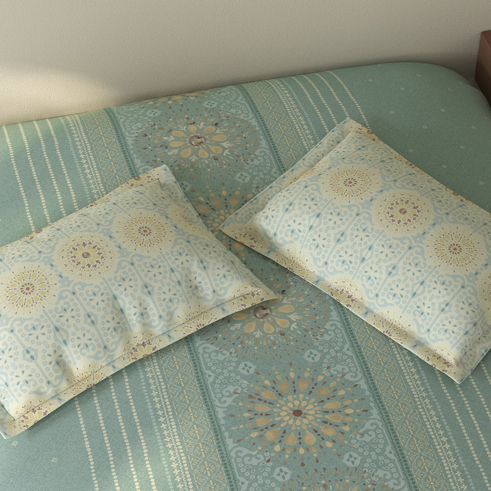 Spaces Rio 100% Cotton Ornate Double Bedsheet with 2 Pillow Covers - 90 x 108 Inches, Light Teal