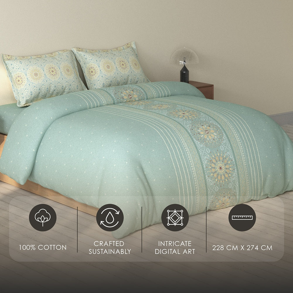 Spaces Rio 100% Cotton Ornate Double Bedsheet with 2 Pillow Covers - 90 x 108 Inches, Light Teal