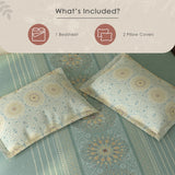 Spaces Rio 100% Cotton Ornate Double Bedsheet with 2 Pillow Covers - 90 x 108 Inches, Light Teal