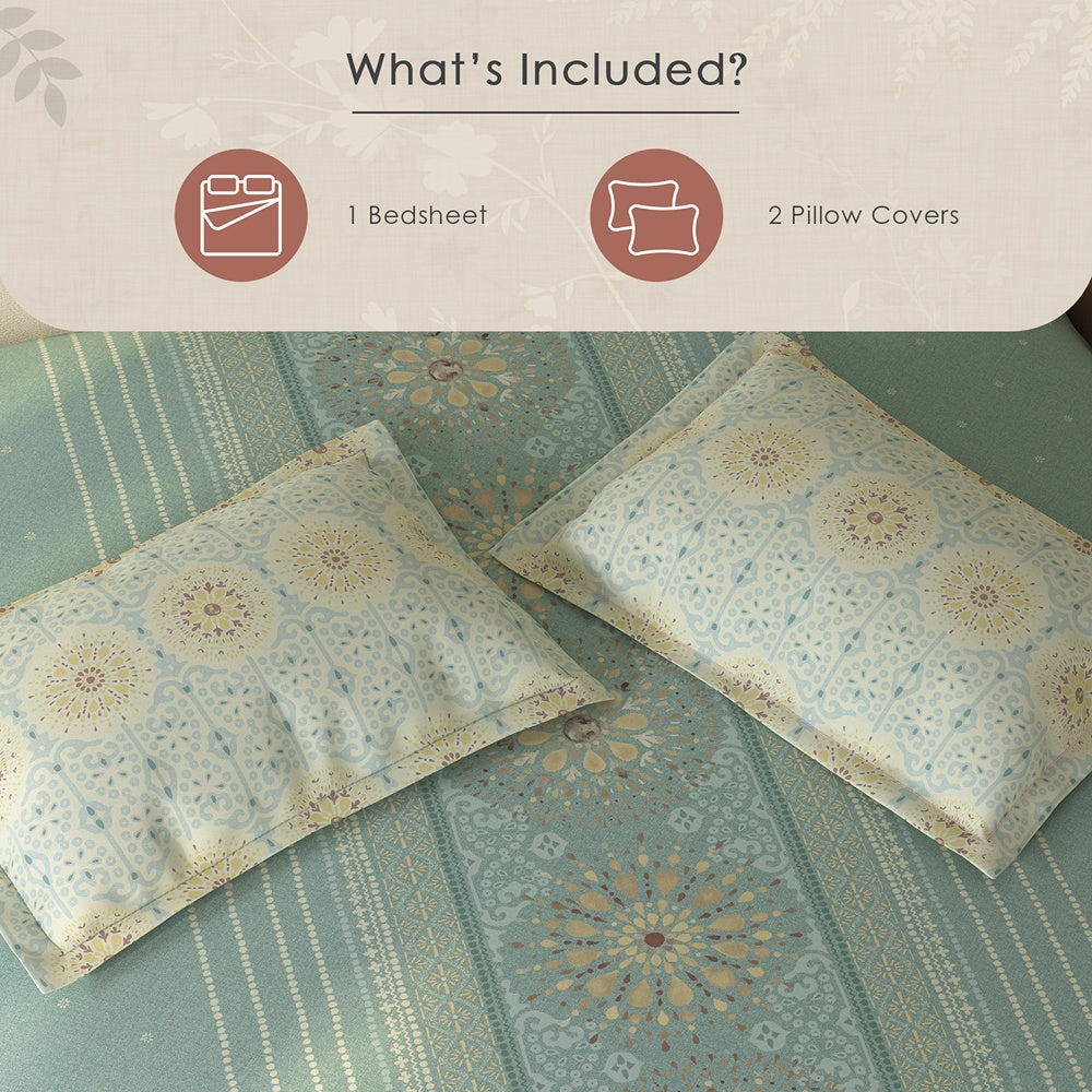 Spaces Rio 100% Cotton Ornate Double Bedsheet with 2 Pillow Covers - 90 x 108 Inches, Light Teal