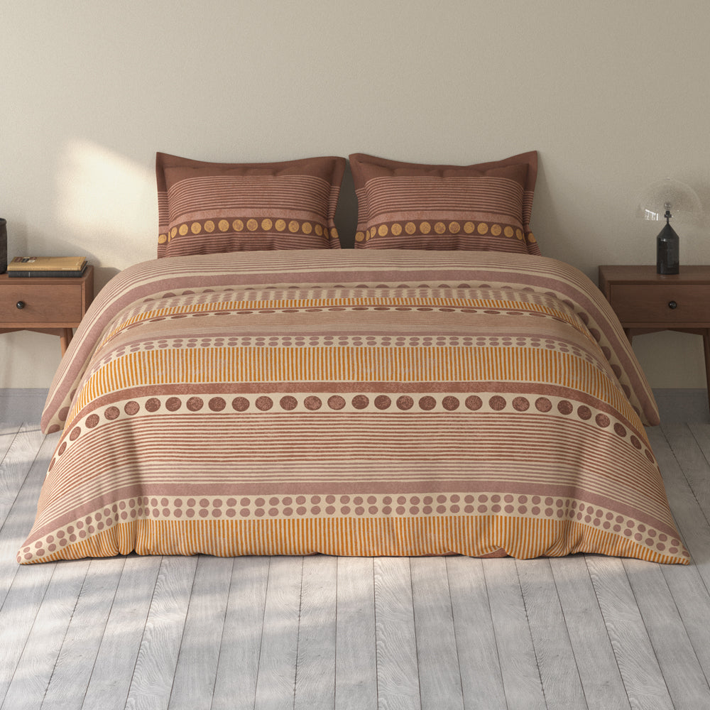 Spaces Rio 100% Cotton Ornate Double Bedsheet with 2 Pillow Covers - 90 x 108 Inches, Light Brown