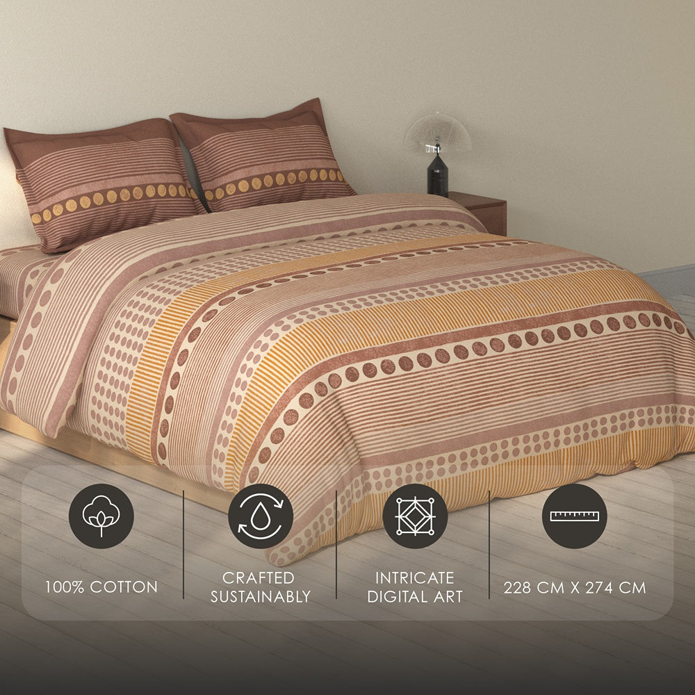 Spaces Rio 100% Cotton Ornate Double Bedsheet with 2 Pillow Covers - 90 x 108 Inches, Light Brown