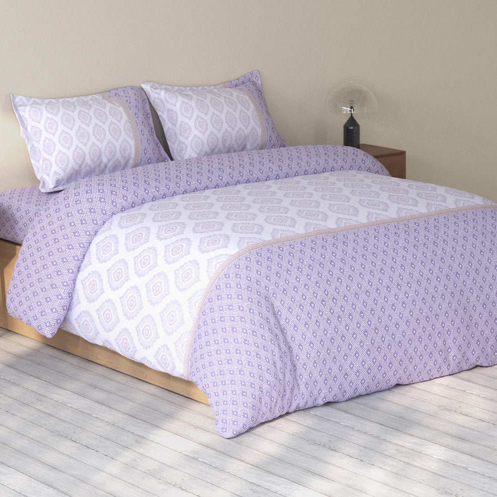 Spaces Rio 100% Cotton Ornate Double Bedsheet with 2 Pillow Covers - 90 x 108 Inches, Light Violet