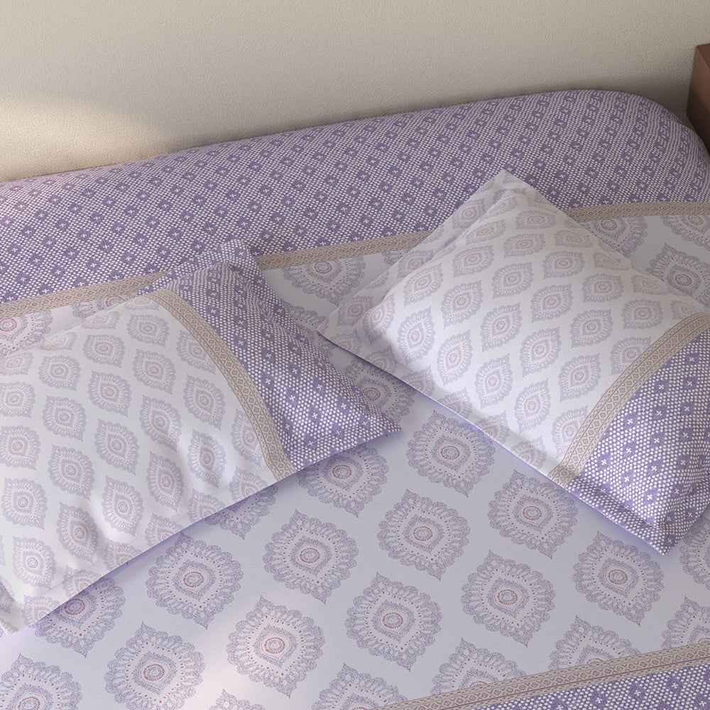 Spaces Rio 100% Cotton Ornate Double Bedsheet with 2 Pillow Covers - 90 x 108 Inches, Light Violet