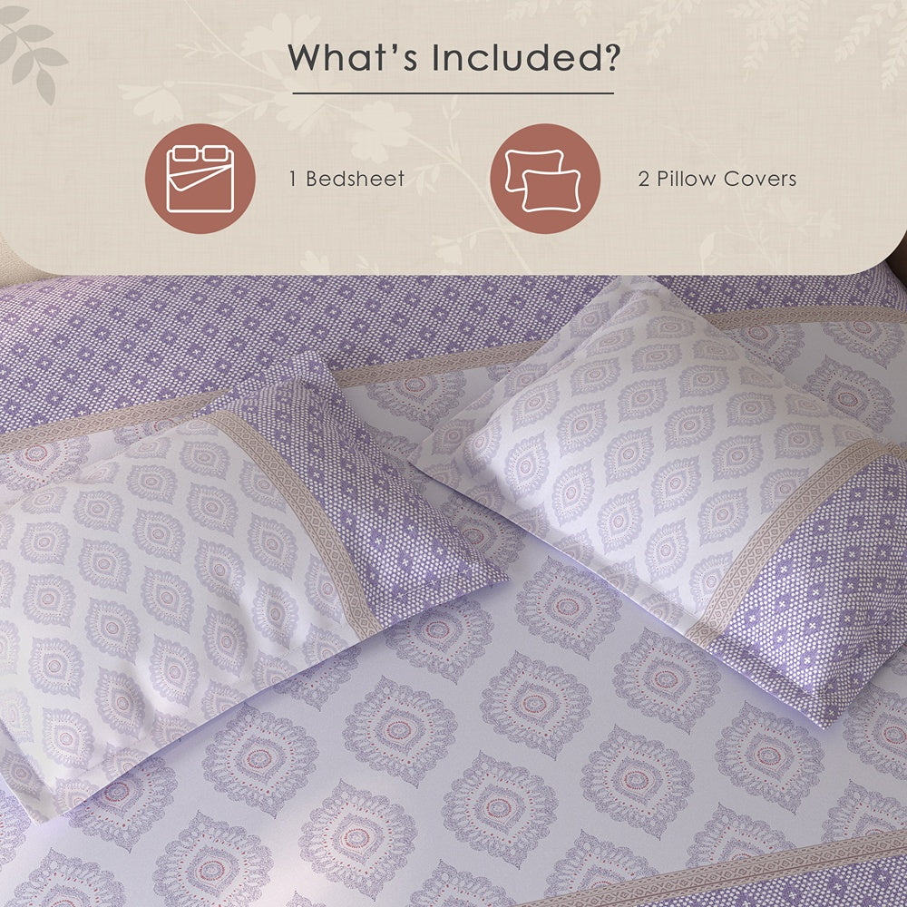 Spaces Rio 100% Cotton Ornate Double Bedsheet with 2 Pillow Covers - 90 x 108 Inches, Light Violet