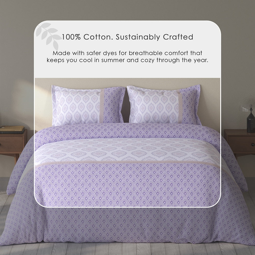 Spaces Rio 100% Cotton Ornate Double Bedsheet with 2 Pillow Covers - 90 x 108 Inches, Light Violet
