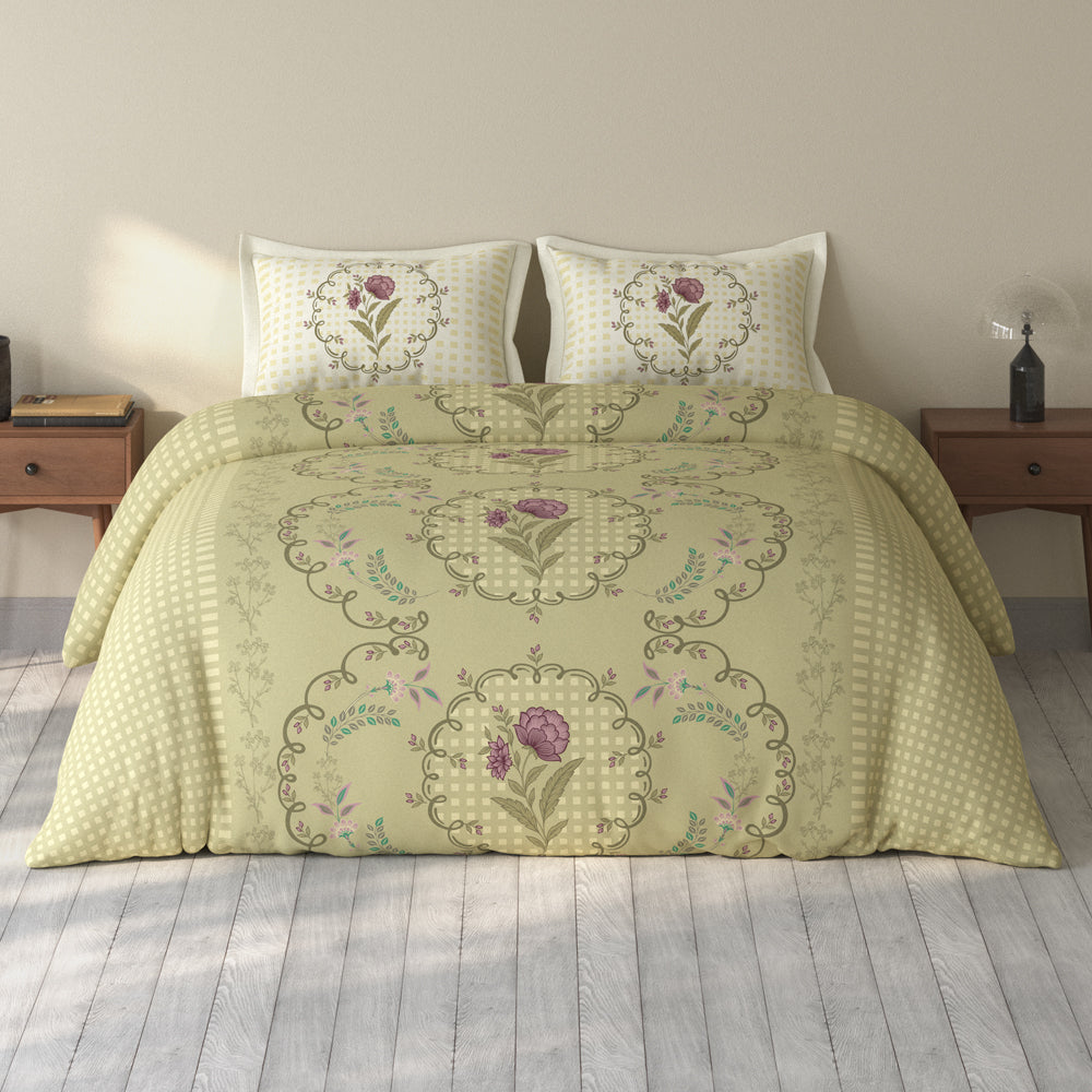 Spaces Rio 100% Cotton Floral Double Bedsheet with 2 Pillow Covers - 90 x 108 Inches, Light Yellow