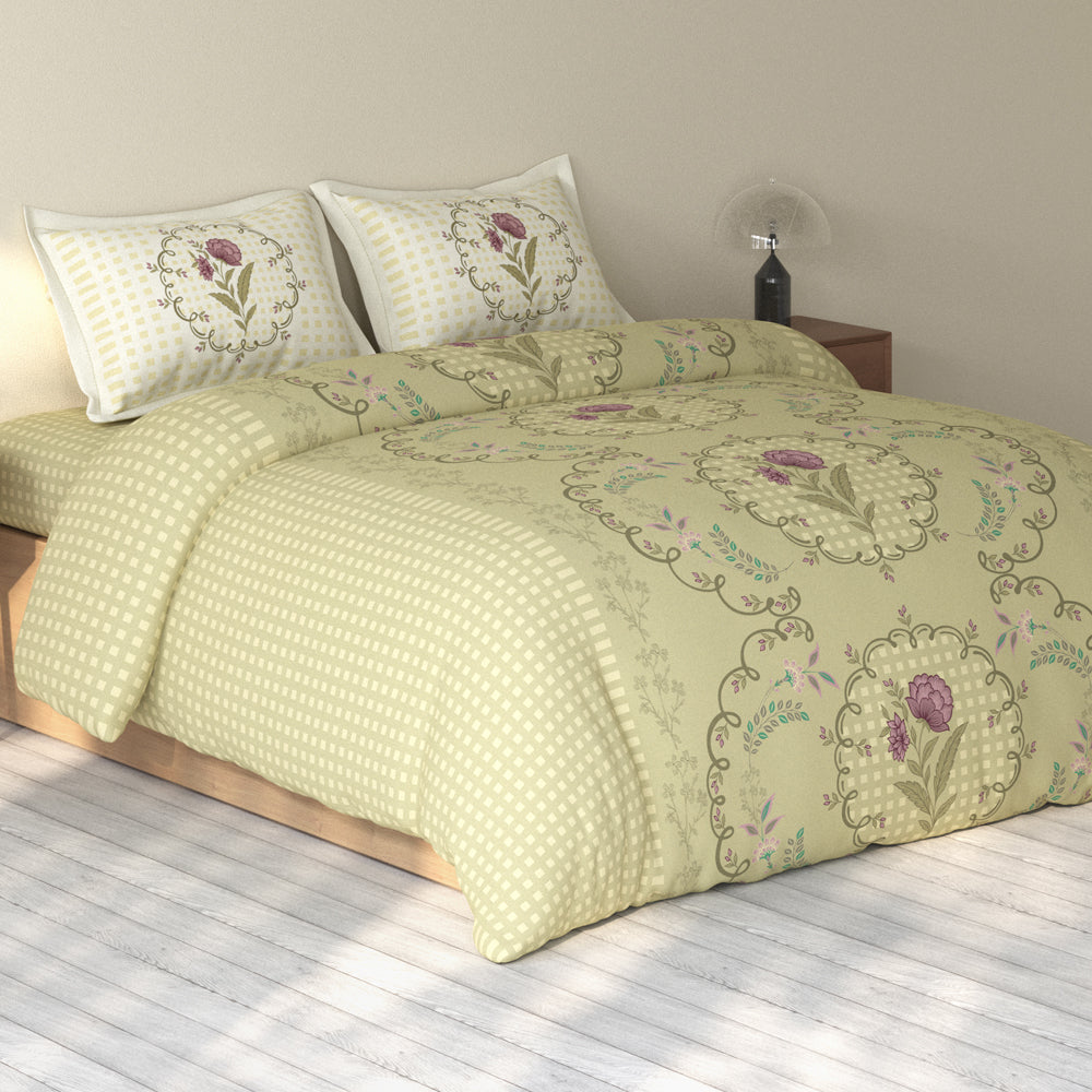 Spaces Rio 100% Cotton Floral Double Bedsheet with 2 Pillow Covers - 90 x 108 Inches, Light Yellow
