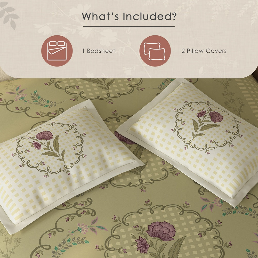 Spaces Rio 100% Cotton Floral Double Bedsheet with 2 Pillow Covers - 90 x 108 Inches, Light Yellow
