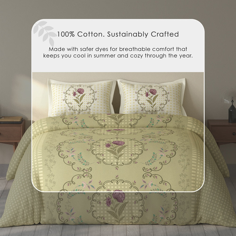 Spaces Rio 100% Cotton Floral Double Bedsheet with 2 Pillow Covers - 90 x 108 Inches, Light Yellow