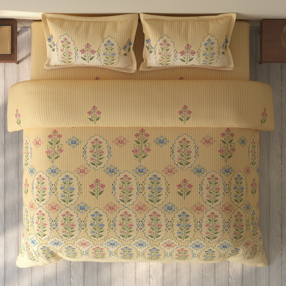 Spaces Rio 100% Cotton Floral Double Bedsheet with 2 Pillow Covers - 90 x 108 Inches, Light Yellow