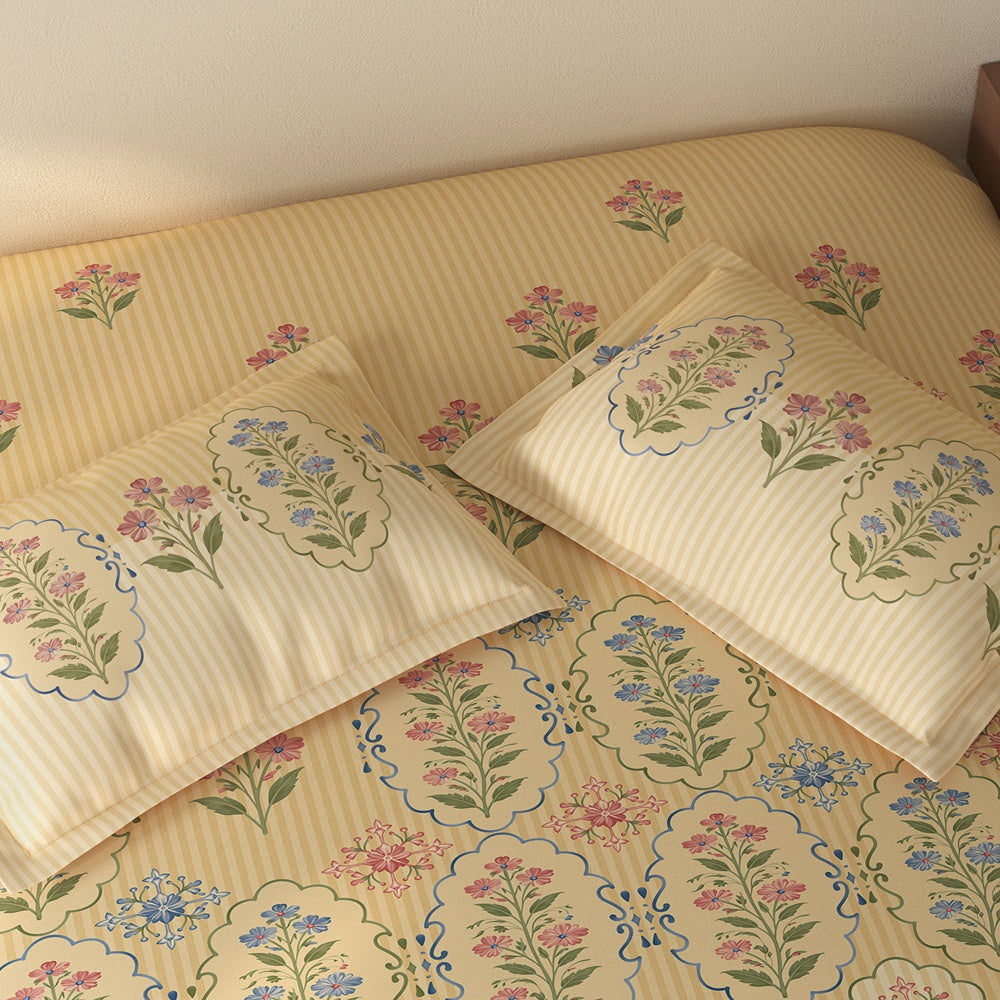 Spaces Rio 100% Cotton Floral Double Bedsheet with 2 Pillow Covers - 90 x 108 Inches, Light Yellow