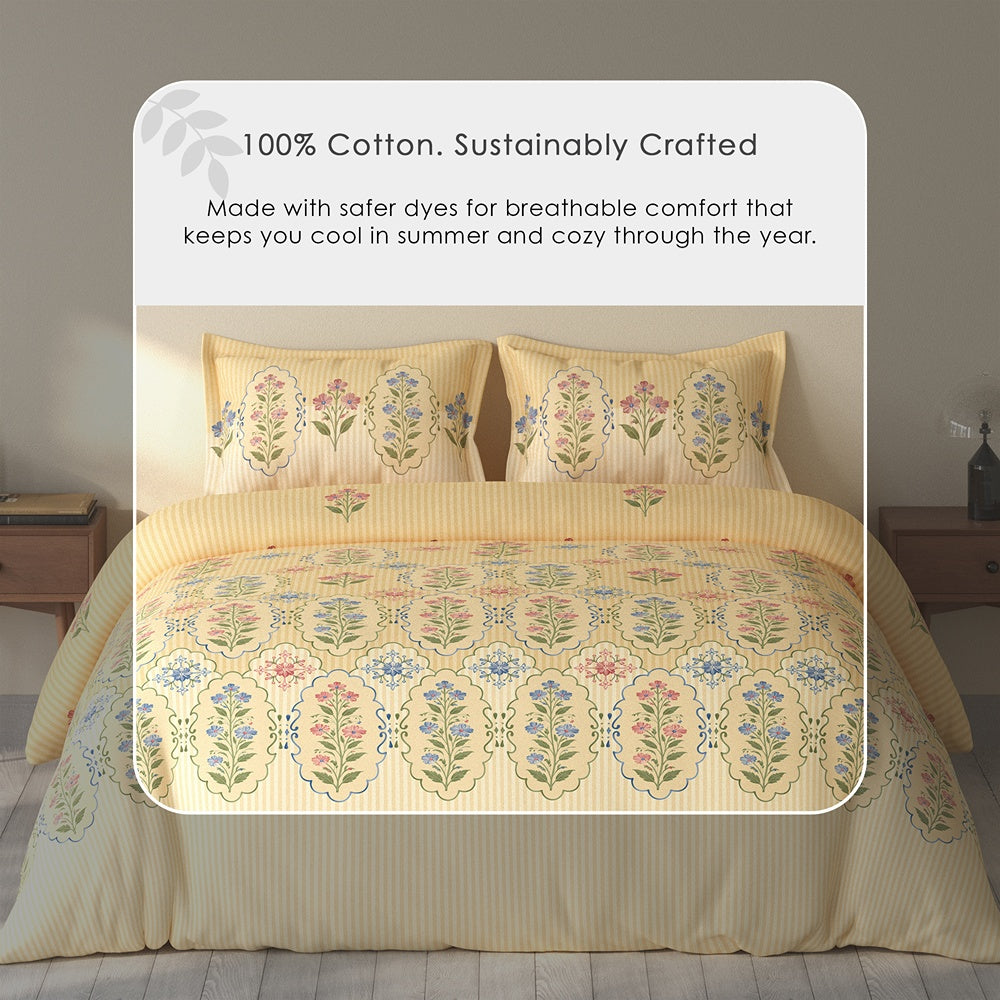 Spaces Rio 100% Cotton Floral Double Bedsheet with 2 Pillow Covers - 90 x 108 Inches, Light Yellow