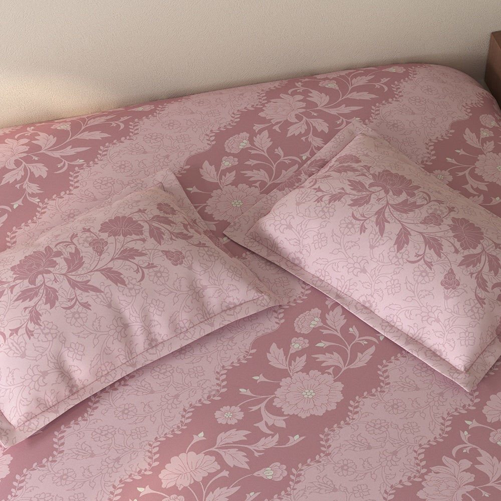 Spaces Rio 100% Cotton Floral Double Bedsheet with 2 Pillow Covers - 90 x 108 Inches, Blush