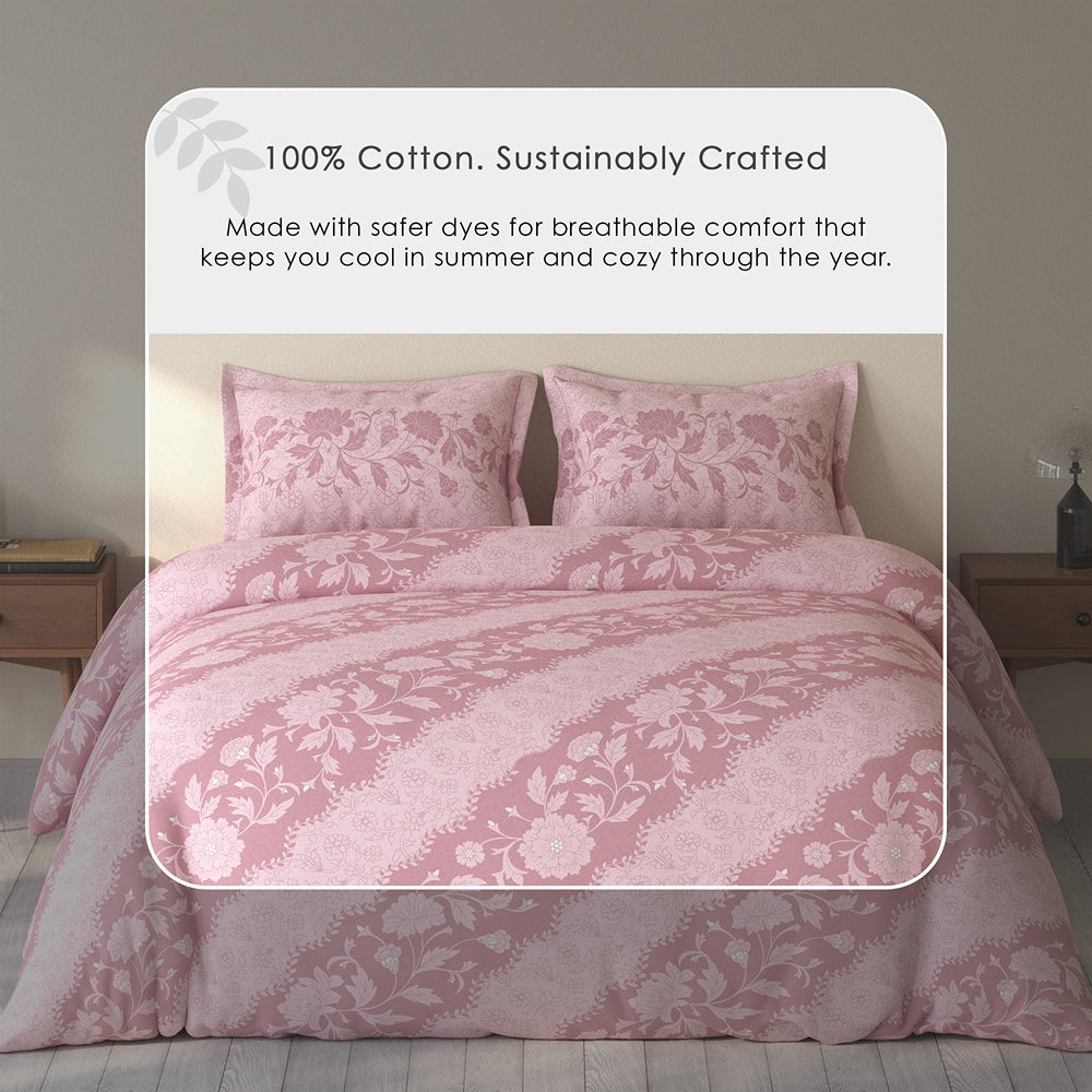 Spaces Rio 100% Cotton Floral Double Bedsheet with 2 Pillow Covers - 90 x 108 Inches, Blush