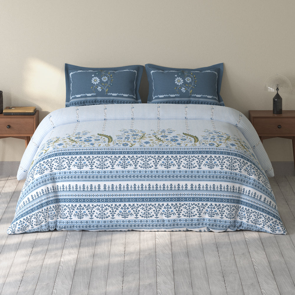 Spaces Rio 100% Cotton Floral Double Bedsheet with 2 Pillow Covers - 90 x 108 Inches, Light Blue