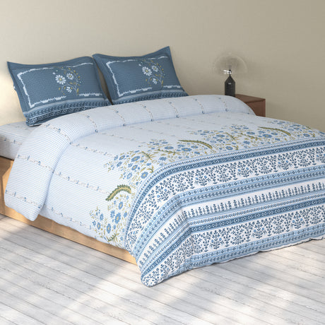 Spaces Rio 100% Cotton Floral Double Bedsheet with 2 Pillow Covers - 90 x 108 Inches, Light Blue