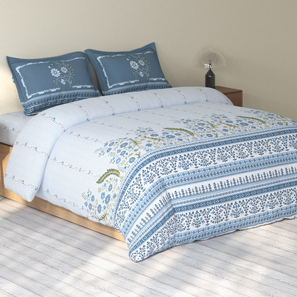 Spaces Rio 100% Cotton Floral Double Bedsheet with 2 Pillow Covers - 90 x 108 Inches, Light Blue