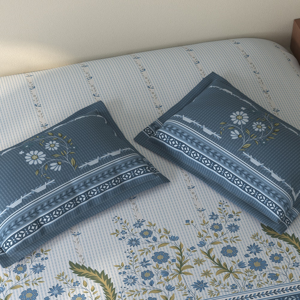Spaces Rio 100% Cotton Floral Double Bedsheet with 2 Pillow Covers - 90 x 108 Inches, Light Blue