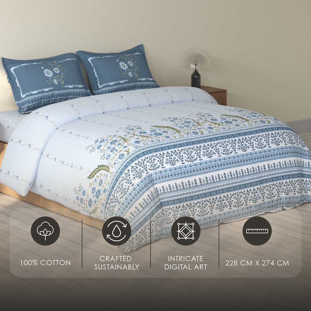 Spaces Rio 100% Cotton Floral Double Bedsheet with 2 Pillow Covers - 90 x 108 Inches, Light Blue