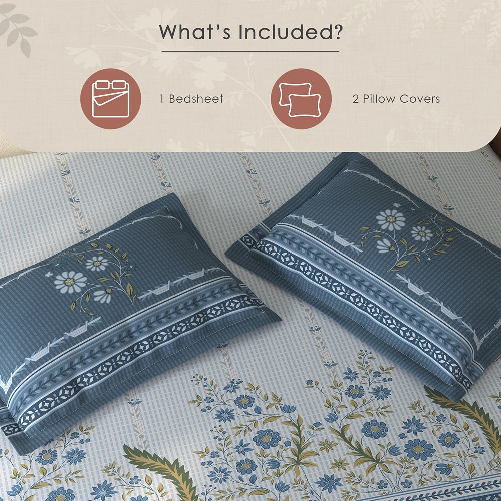 Spaces Rio 100% Cotton Floral Double Bedsheet with 2 Pillow Covers - 90 x 108 Inches, Light Blue