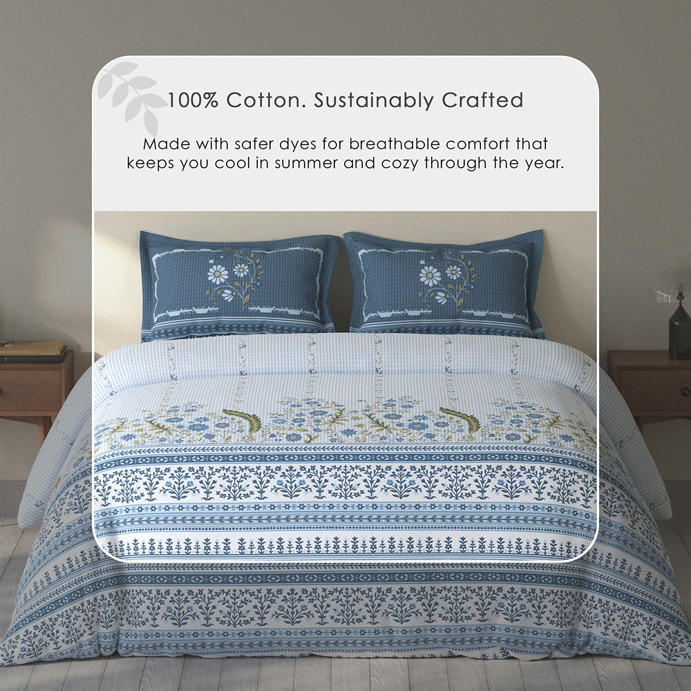 Spaces Rio 100% Cotton Floral Double Bedsheet with 2 Pillow Covers - 90 x 108 Inches, Light Blue
