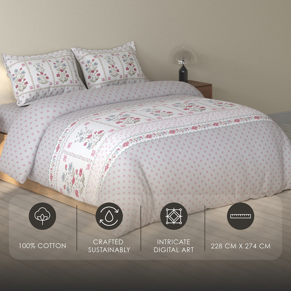 Spaces Rio 100% Cotton Floral Double Bedsheet with 2 Pillow Covers - 90 x 108 Inches, Grey