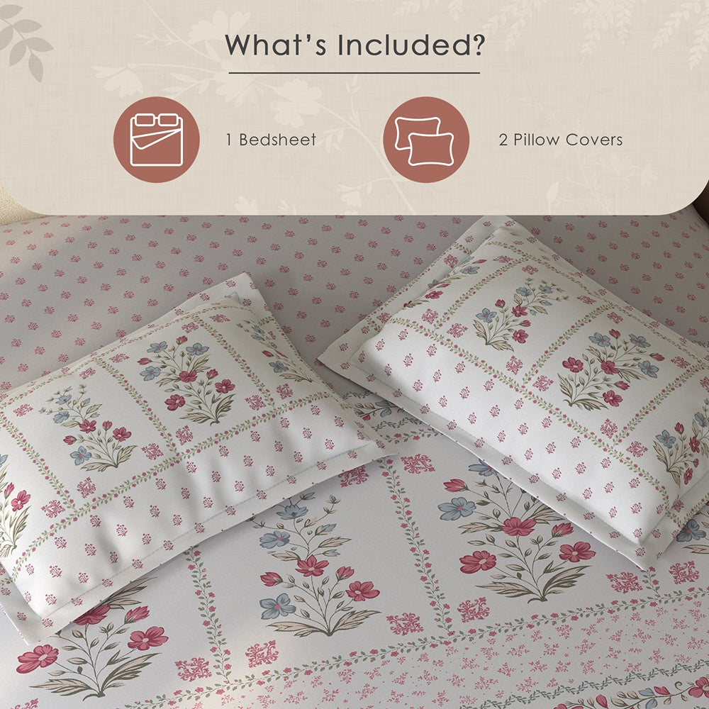 Spaces Rio 100% Cotton Floral Double Bedsheet with 2 Pillow Covers - 90 x 108 Inches, Grey