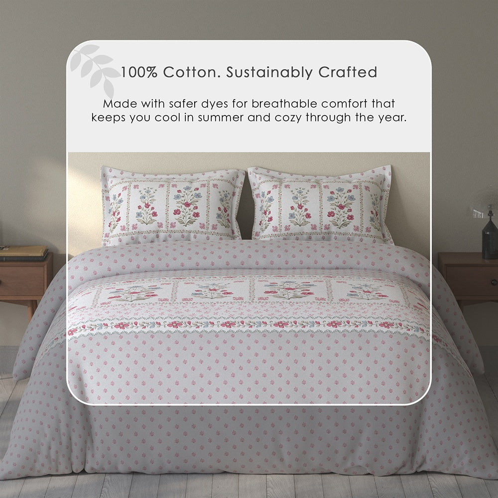 Spaces Rio 100% Cotton Floral Double Bedsheet with 2 Pillow Covers - 90 x 108 Inches, Grey
